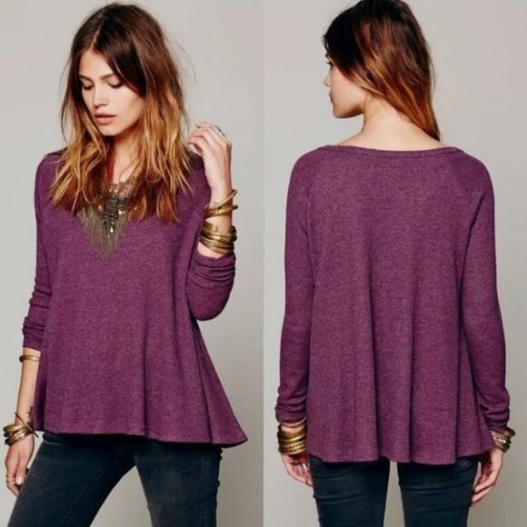 Free People Waffle Knit Thermal Long Sleeve Top Rockabilly Raglan Purple Boho XS - Picture 1 of 12